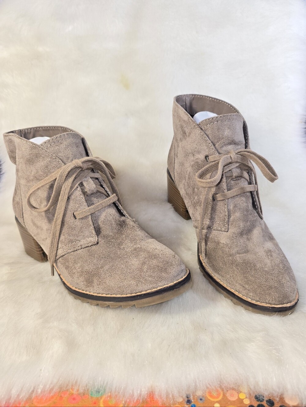 Merona "Knummerdor" Taupe Faux Suede Lace-Up Block Heel Ankle Boots - Womens